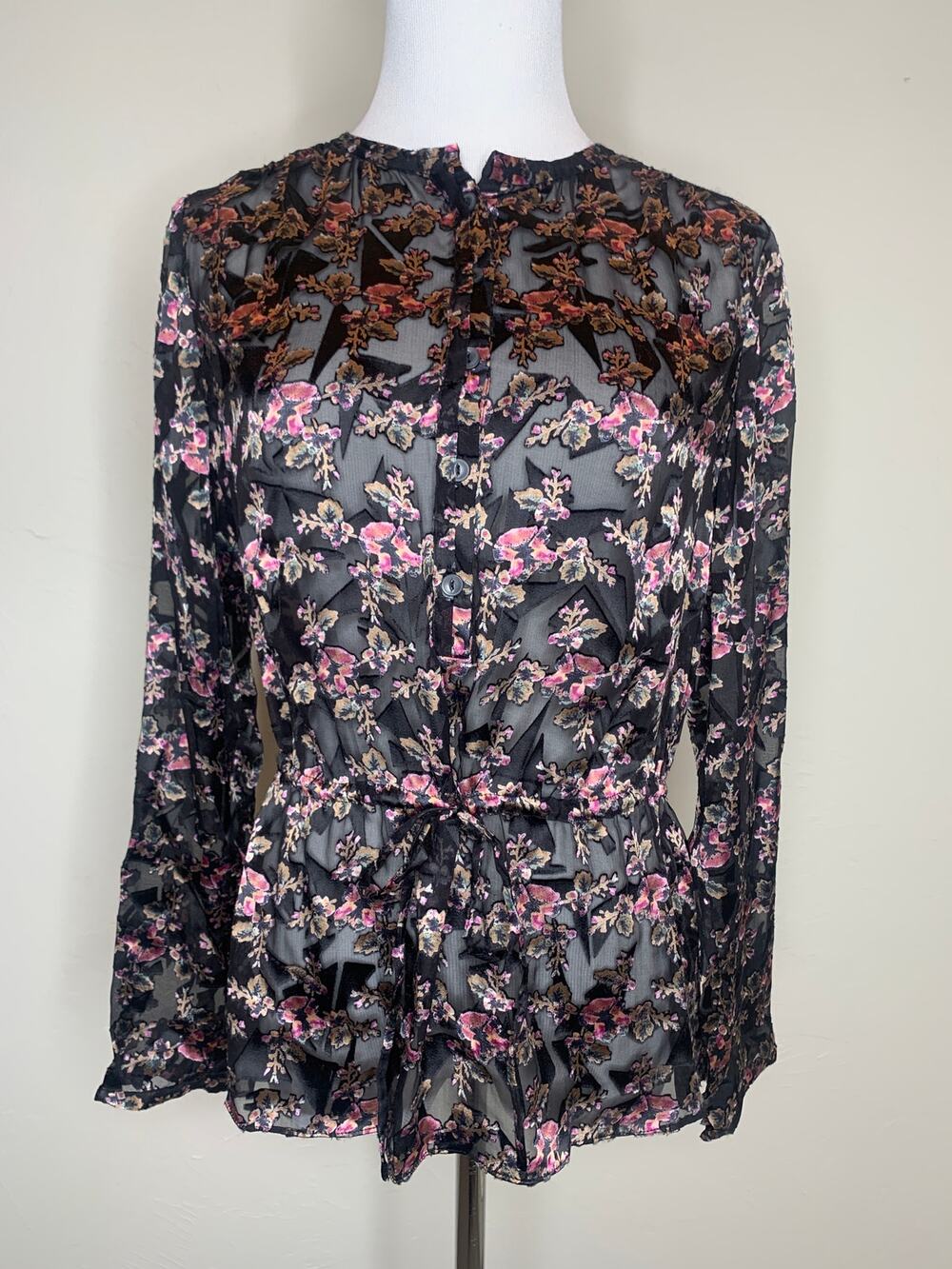 Rebecca Taylor Black Floral Burnout Sheer Blouse Tie Waist Peplum Silk Sz 4